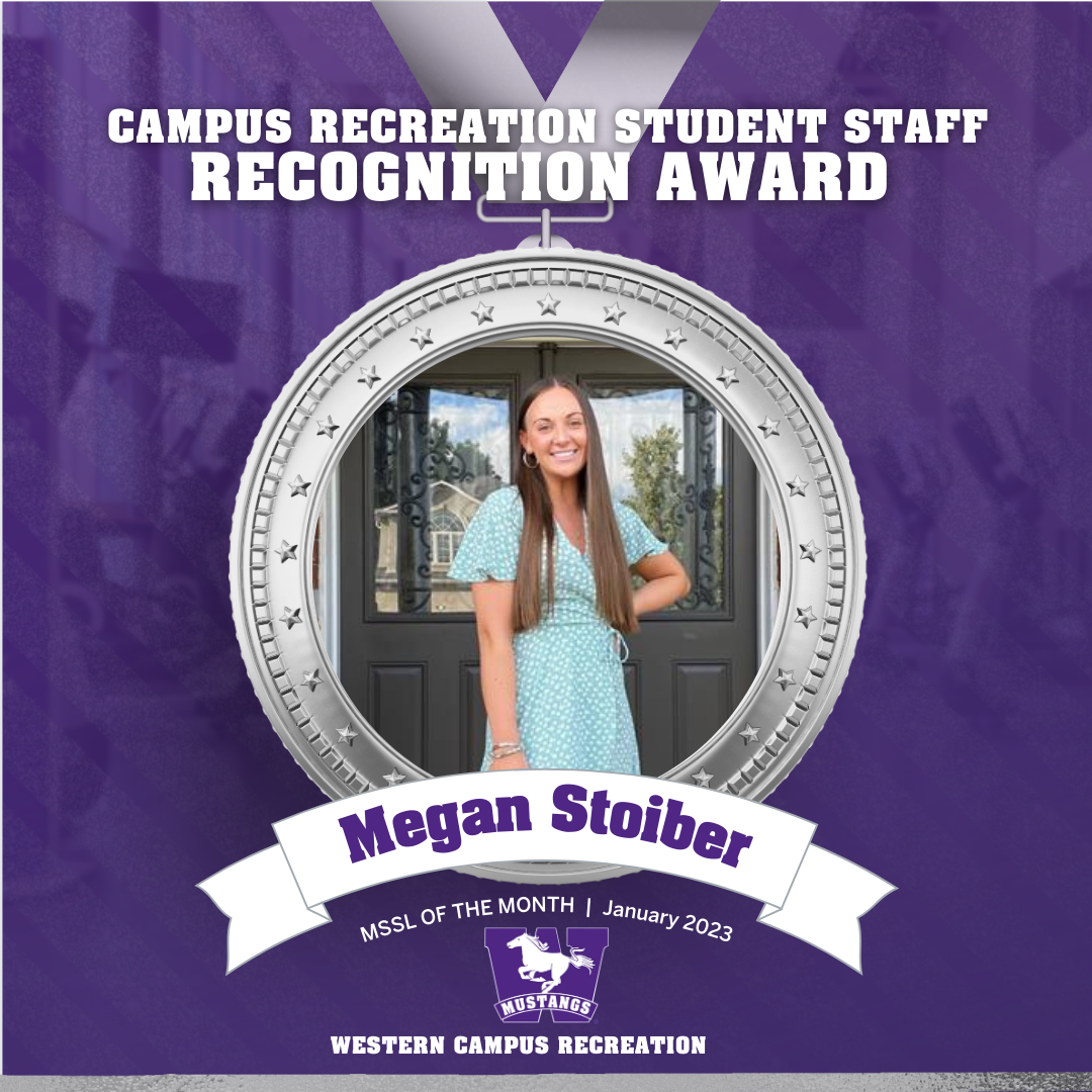 Head shot of Megan Stoiber inside a silver medal graphic with a mustangs purple background